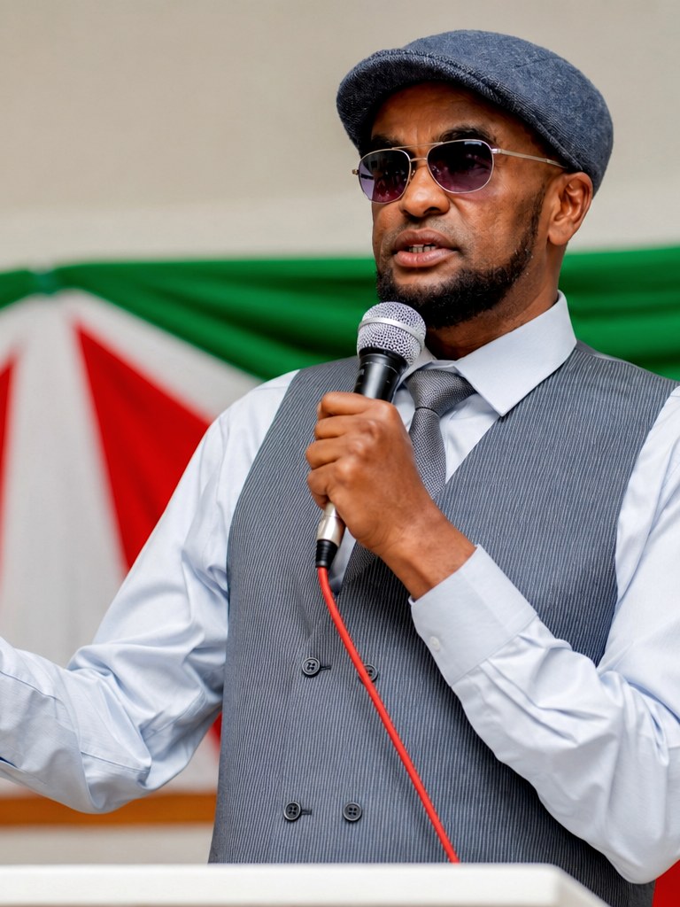 Abdi Ahmed, master of ceremonies, speaking at a podium