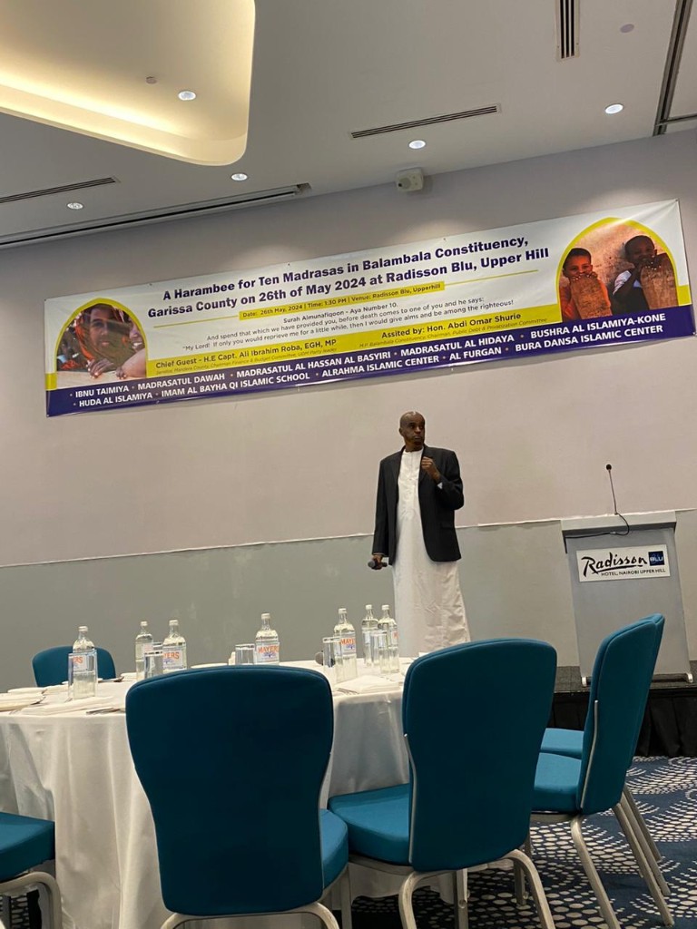 Abdi Ahmed addressing a fundraising hall at Radisson Blu Upper Hill